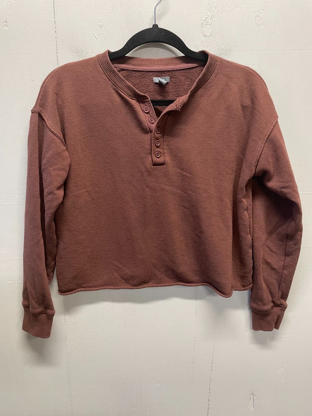 Aerie Women's Long Sleeve Cropped Henley Sweatshirt Size XXS Brown Raw Hem